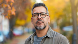 Middle aged Hispanic man standing seriously on an autumn street in casual clothing.