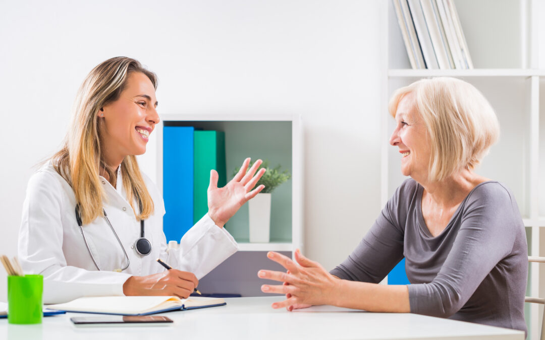 senior woman talking with her doctor about mental health.